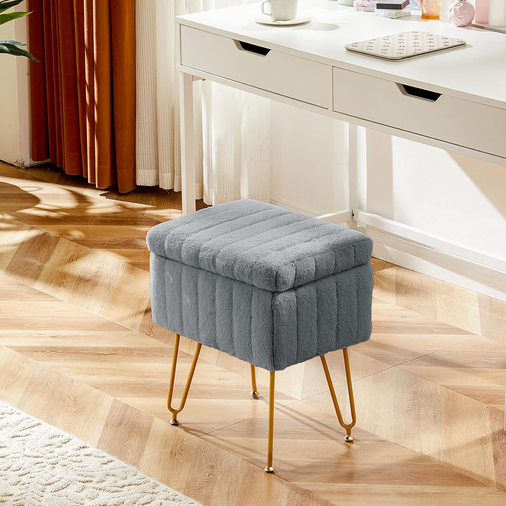 Vanity Stool Chair with Storage, 18.9??H x 16??L x 12.2??W Ottoman Chair Faux Fur Soft Padded Makeup Footstools Seat with 4 Metal Legs Anti-Slip Adjustable Feet for Make Up, Grey