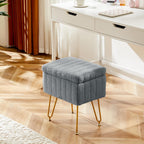 Vanity Stool Chair with Storage, 18.9??H x 16??L x 12.2??W Ottoman Chair Faux Fur Soft Padded Makeup Footstools Seat with 4 Metal Legs Anti-Slip Adjustable Feet for Make Up, Grey