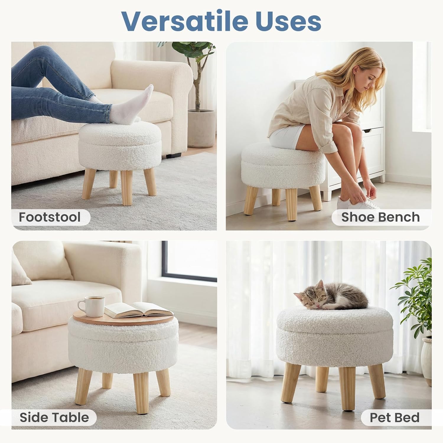 Round Storage Ottoman with Reversible Tray Lid, Multi-Functional Footrest, Teddy Velvet Footstool with Wood Legs, Small Coffee Table for Living Room, Bedroom, Beige