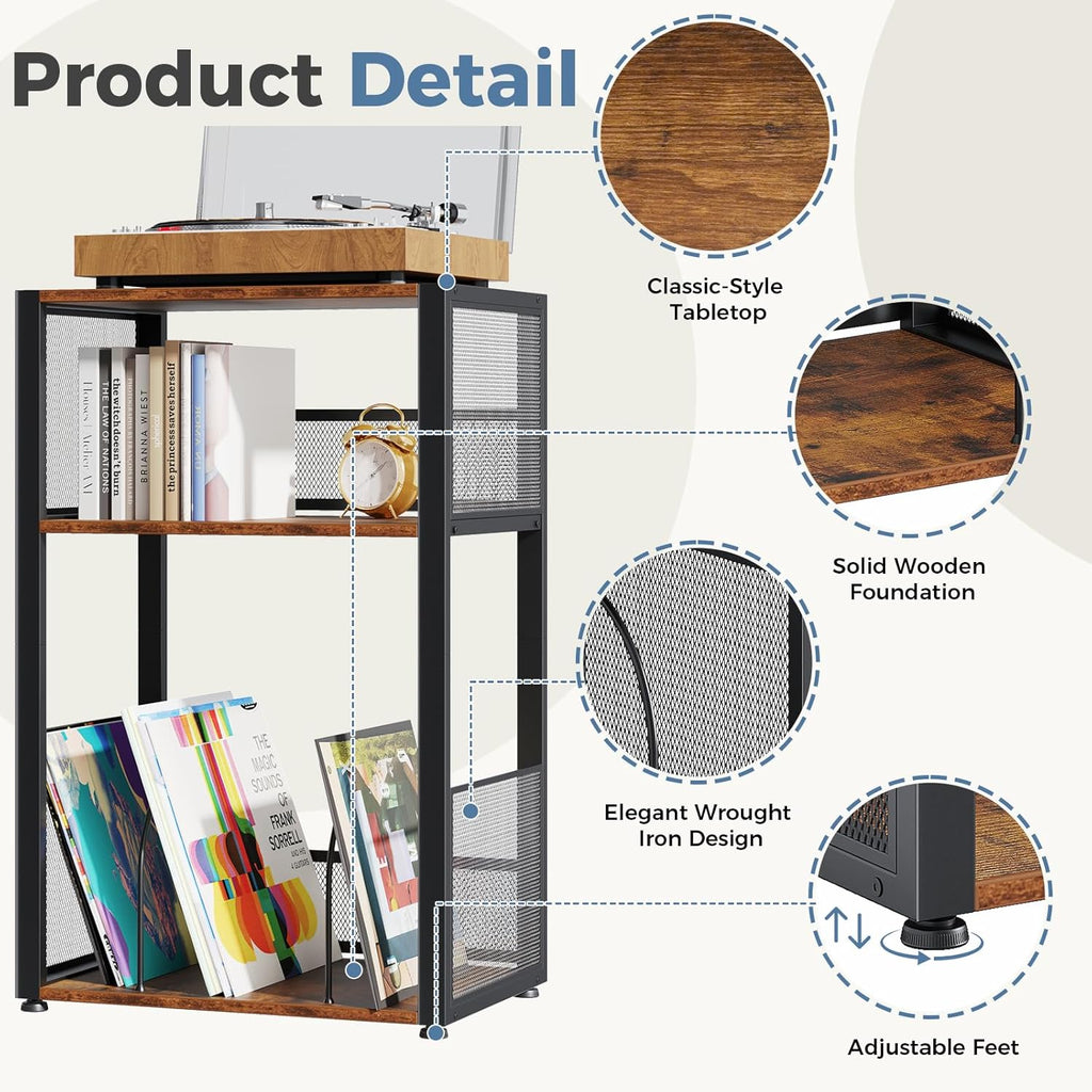3 Tier Side Table, 2 Pack Record Player Stand with Storage Up to 100 Albums,Turntable Stand for Vinyl, Brown Records Shelf for Living Room Bedroom