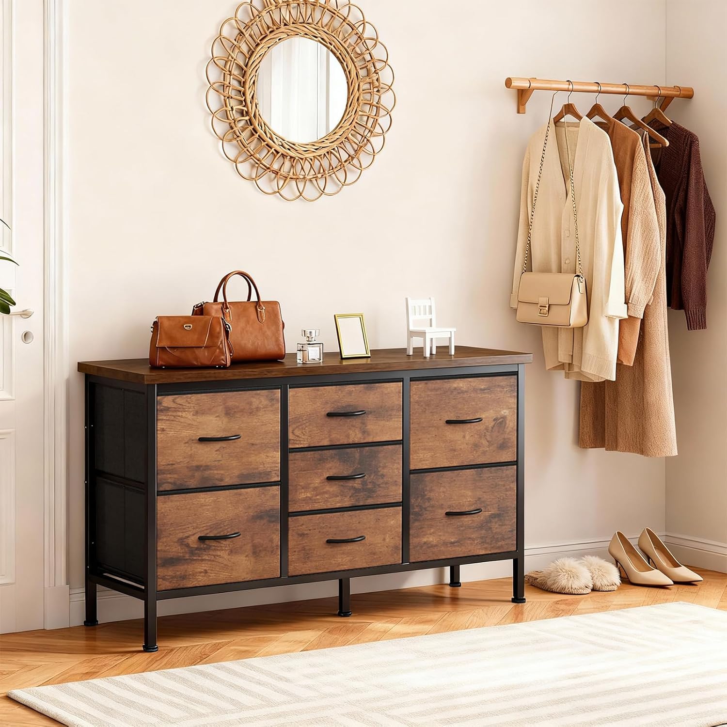 TV Stand 7 Drawer Dresser for Bedroom with Storage TV Stands for Living Room Grey, Farmhouse Entertainment Center Media Console Table with Metal Frame Adjustable Feet
