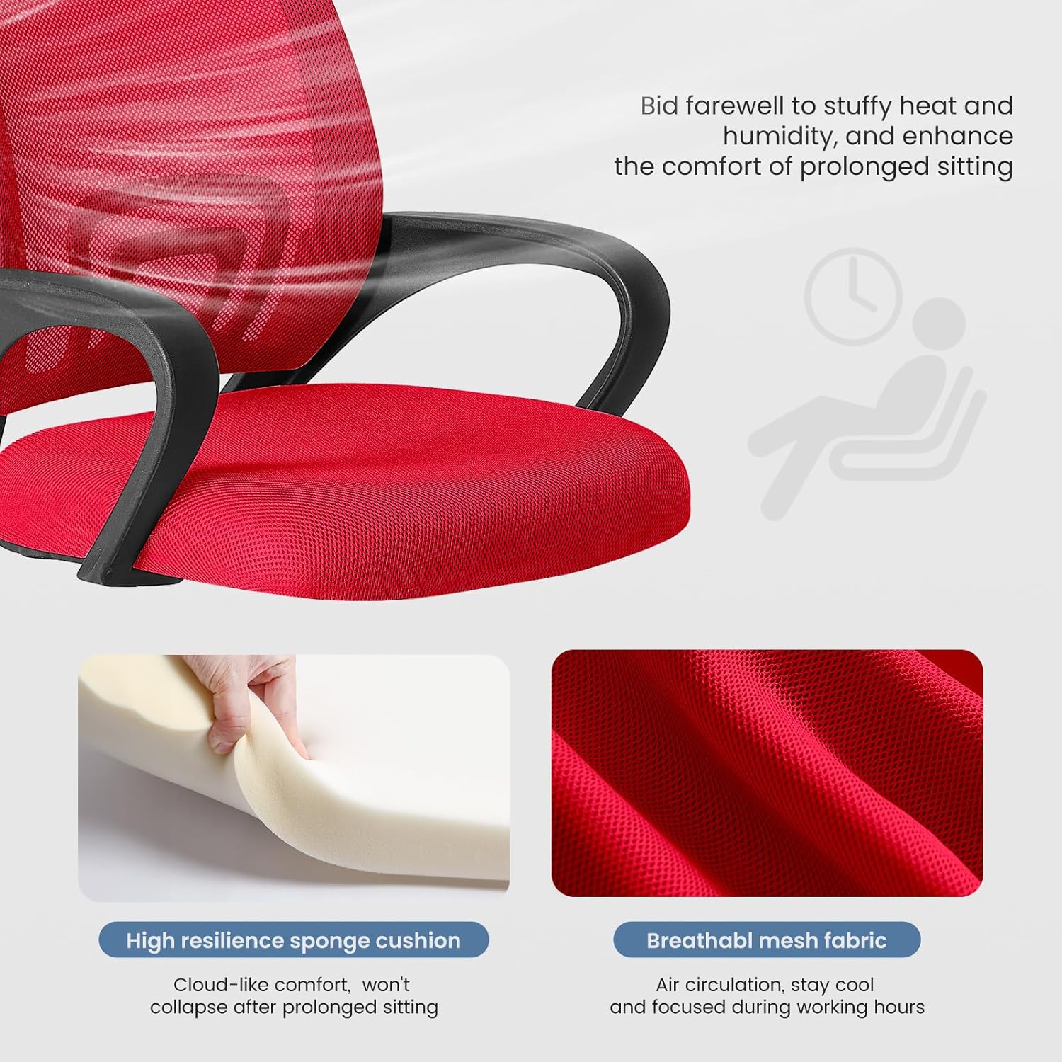 Office Desk Chair - Ergonomic Mid Back with Lumbar Back Support & Rocking Mode, Height Adjustable with Fixed Armrest, for Computer, Gaming, Conference, Meeting Room, 360?? Swivel, Red