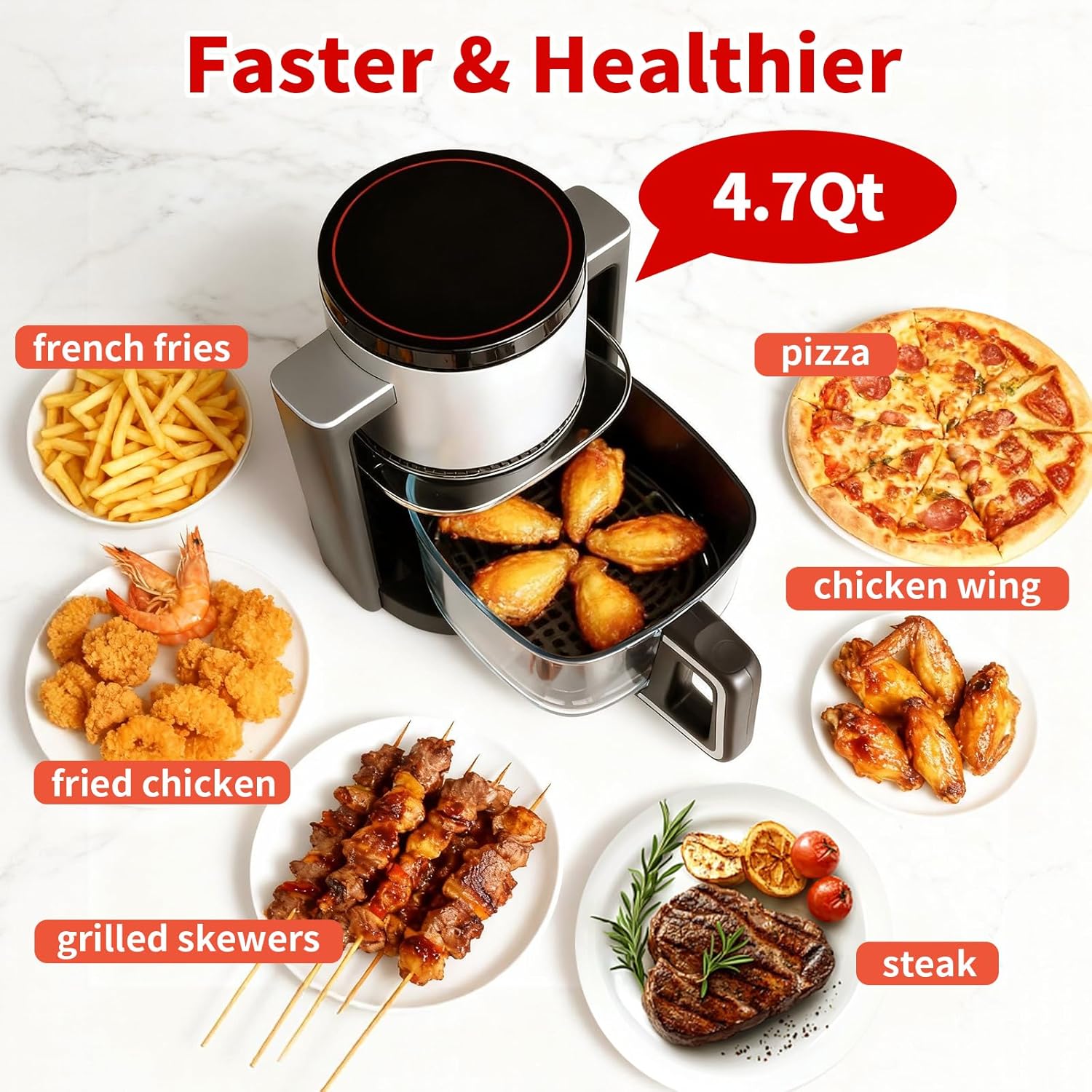 4.7Qt Glass Air Fryer, Non Toxic Air Fryer with 10 Preset Cook Modes, 395??F Rapid Air Crispy Technology, Roast Bake Dehydrate Reheat, Nonstick & Easy-Clean Basket, 1300W
