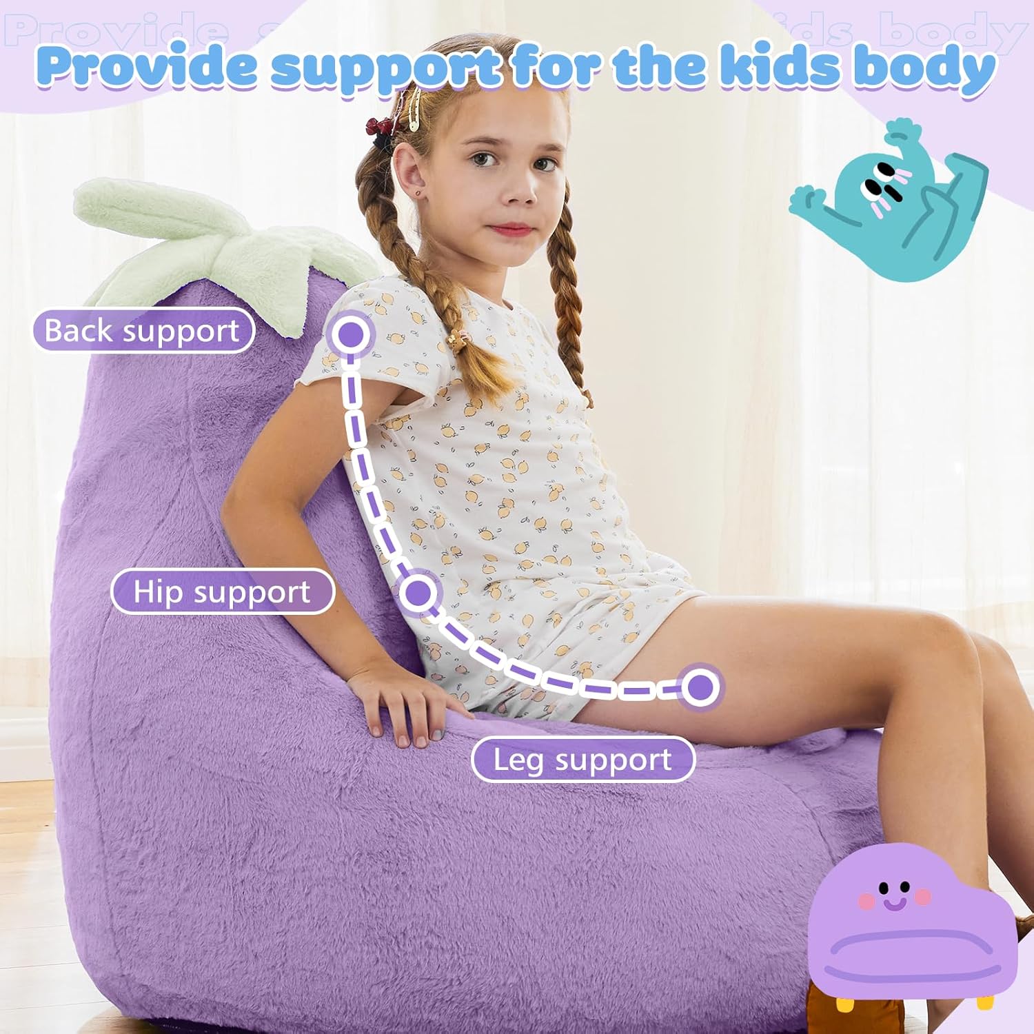 Kids Bean Bag Chair, Stuffed Toddler Couch with Faux Rabbit Fur Cover for Teens & Kids, Comfy Lazy Sofa Chair for Reader, Living Room, Bedroom, Aged 4-12 Years, 24 Inch, Purple