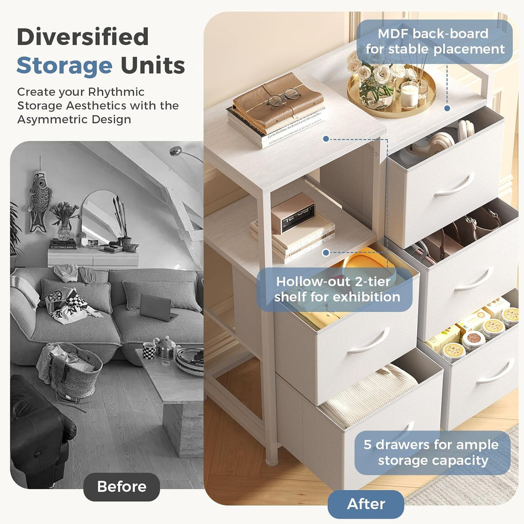 5 Drawer Fabric Dresser with Side Cabinet & Open Shelf, Storage Organizer Tower with Raised Top, Chest of Drawers for Bedroom, Closet, Hallway, Entryway & Living Room, White