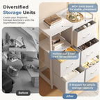 5 Drawer Fabric Dresser with Side Cabinet & Open Shelf, Storage Organizer Tower with Raised Top, Chest of Drawers for Bedroom, Closet, Hallway, Entryway & Living Room, White