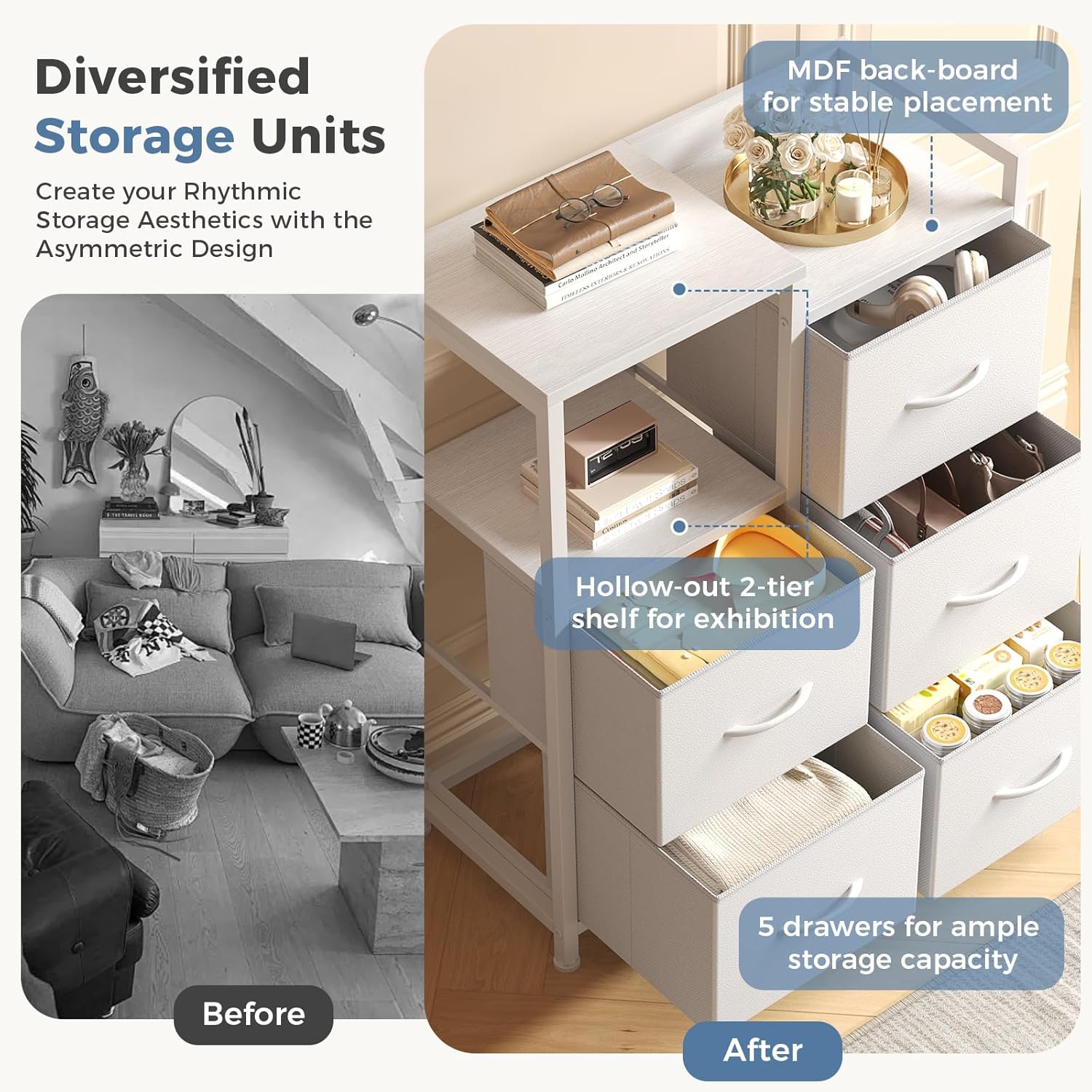 5 Drawer Fabric Dresser with Side Cabinet & Open Shelf, Storage Organizer Tower with Raised Top, Chest of Drawers for Bedroom, Closet, Hallway, Entryway & Living Room, White