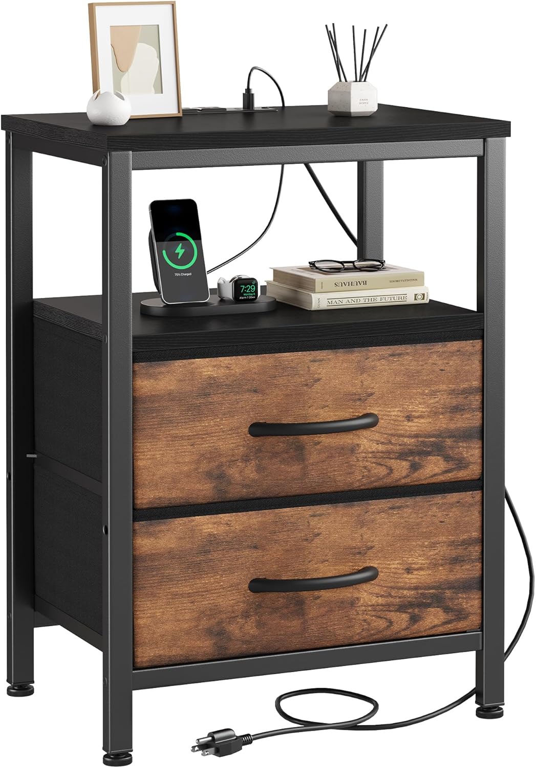 Nightstand Set of 2 with Wireless Charging Station Bed Side Tables with Adjustable Fabric Drawers 3-Tier Storage End Tables Modern Design,Black