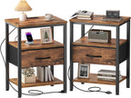 Nightstand with Charging Station, 3-Drawer Bedside Table with USB Ports & Type-C, Bedroom Night Stand with Fabric Drawers and Open Shelf, Tall Narrow End Table for Small Bedroom, Rustic Brown