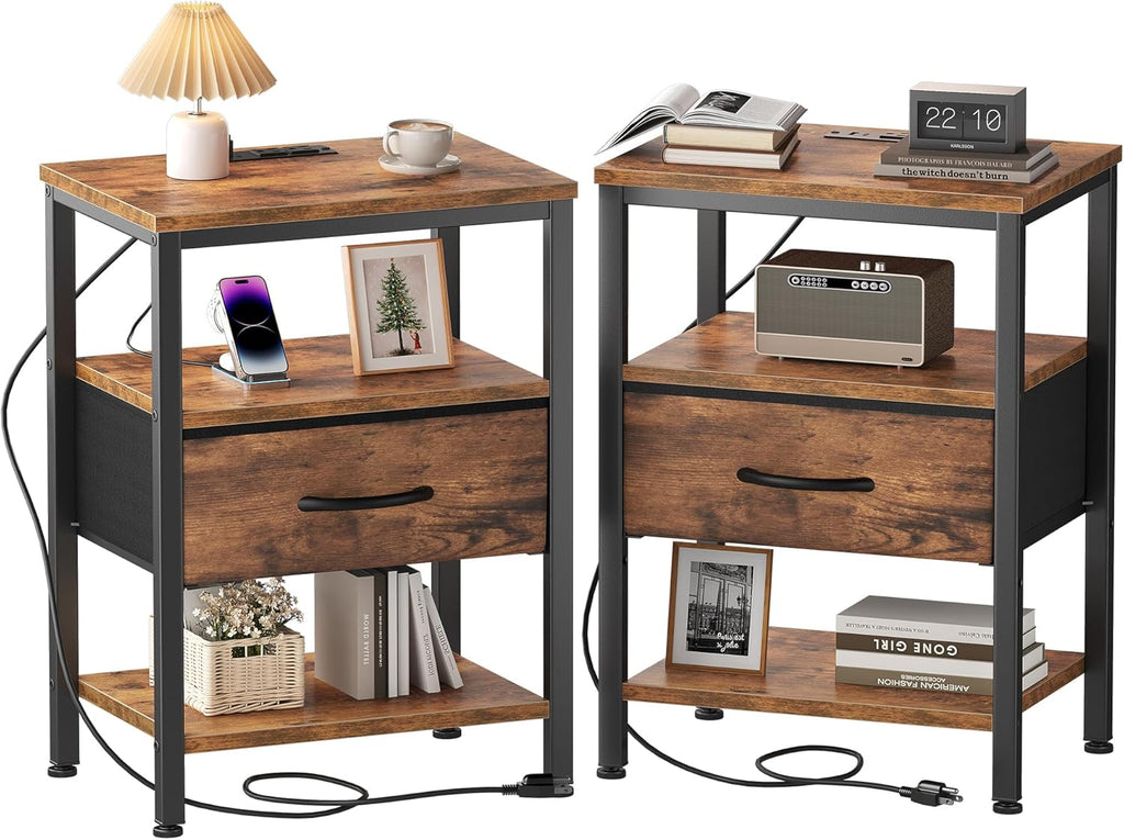 Nightstand with Charging Station, Bedside Table with USB Ports & Type-C, 2 Fabric Drawers Night Stand with Open Shelf, Compact End Table for Bedroom, Rustic Brown