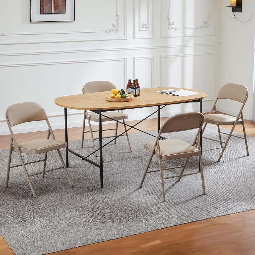 Folding Chair 4 Pack, Leather Padded Foldable Chairs, Sturdy Metal Portable Chairs, Easy to Use and Store, Outdoor and Indoor, for Home, Office, Party, Garden, Kahki