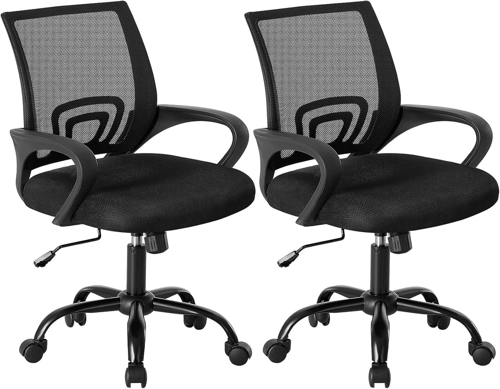Office Desk Chair - Ergonomic Mid Back with Lumbar Support & Rocking Mode, Height Adjustable with Fixed Armrest, Storage Back for Computer, Gaming, Conference, Meeting, 360?? Swivel, Black