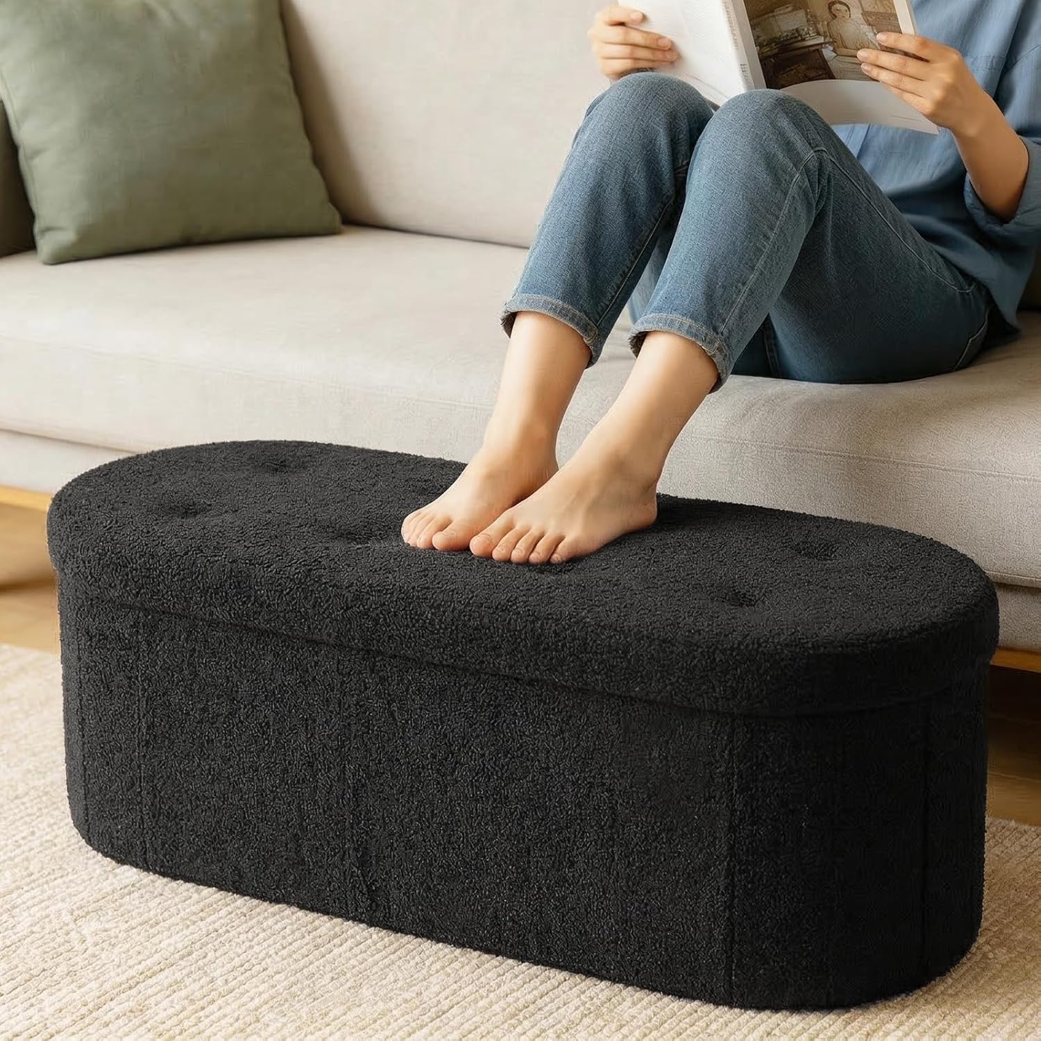 43 inches Folding Storage Ottoman Bench, Oval Round Ottoman End of Bed Foot Rest Bench Stool with Cushion, Storage Chest for Bedroom, Living Room, Entryway, Black