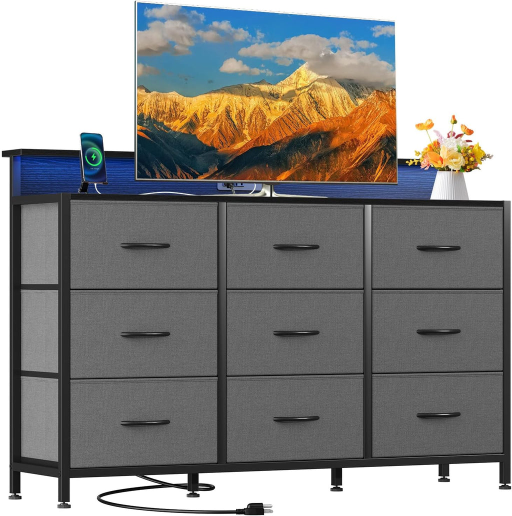 TV Stand Dresser with 8 Fabric Drawers and Open Shelves, LED Entertainment Center with Charging Station, Wood Top Media Console for 45-55 inch, Bedroom, Grey