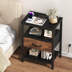 Nightstand with Charging Station, Bedside Tables with USB Ports and Fabric Drawer, Small Night Stand with Open Adjustable Shelf, Compact End Table for Bedroom, Black & Rust
