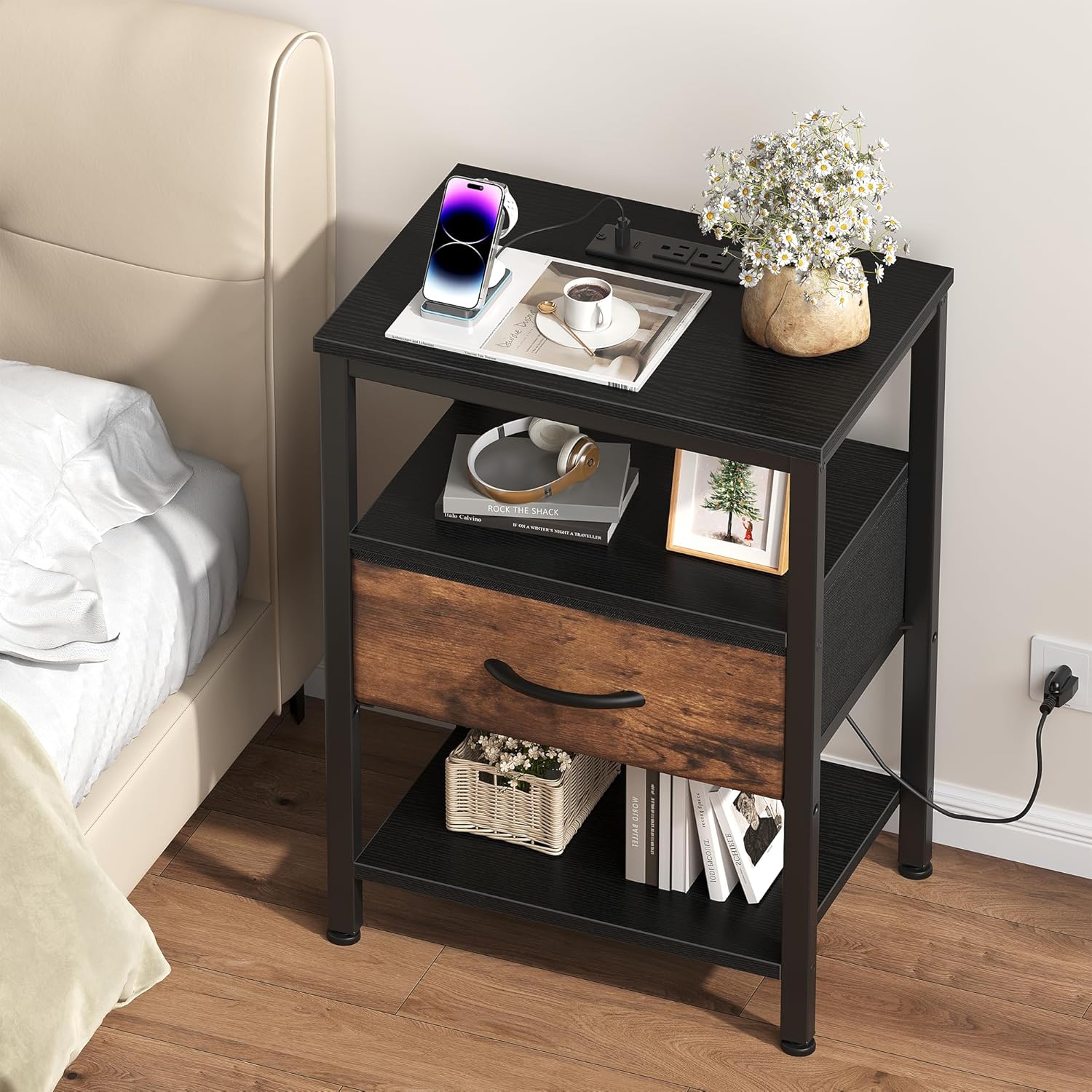 Nightstand with Charging Station, Bedside Tables with USB Ports and Fabric Drawer, Small Night Stand with Open Adjustable Shelf, Compact End Table for Bedroom, Black & Rust