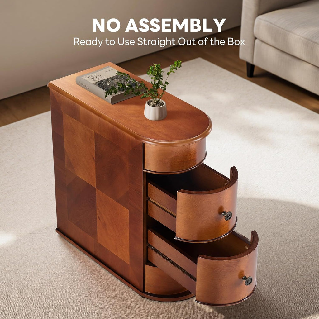 Side End Table with 2 Drawers, Tall Nightstand Vintage Bedside Tables No Assembly Night Stand with Curved Edge Storage Space Wood Sofa Slim Organizer for Living Room, Bedroom, Brown