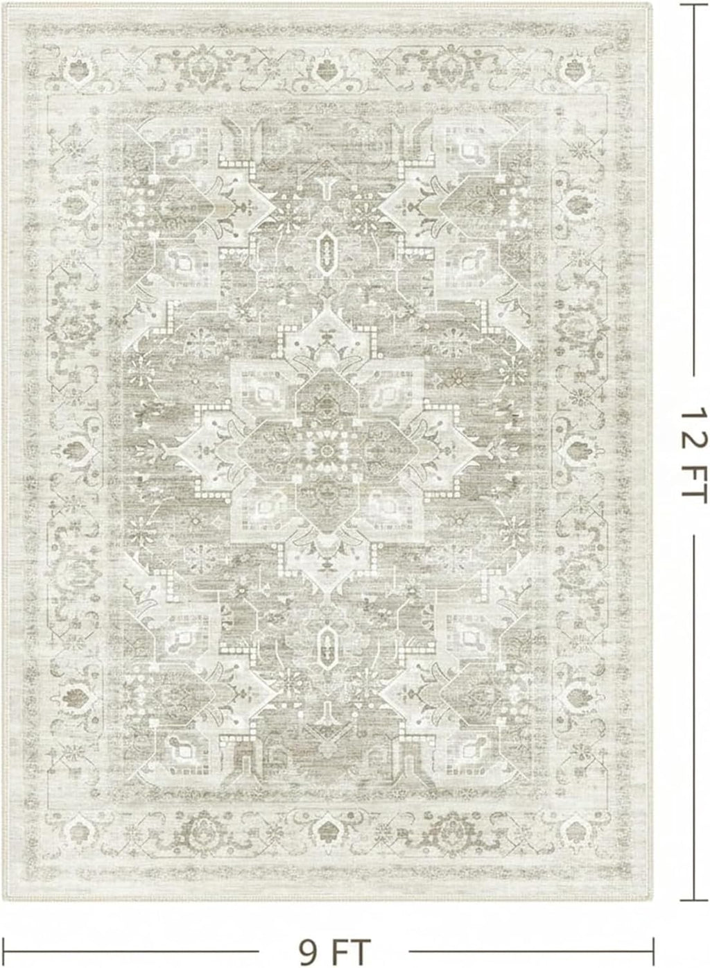 9x12 FT Large Area Rug for Living Room, Machine Washable Low-Pile Rug with Non-Slip Backing, Durable Edge Binding for Bedroom, Dining Room, Vintage Beige