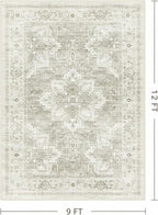 9x12 FT Large Area Rug for Living Room, Machine Washable Low-Pile Rug with Non-Slip Backing, Durable Edge Binding for Bedroom, Dining Room, Vintage Beige