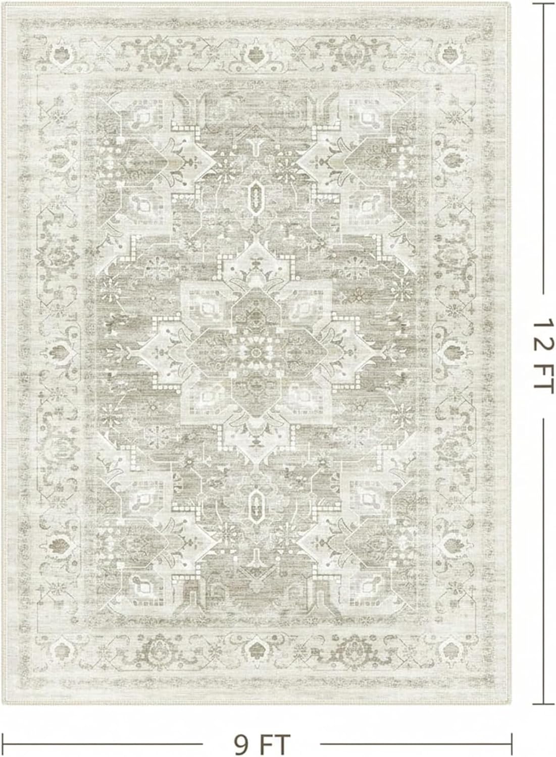 9x12 FT Large Area Rug for Living Room, Machine Washable Low-Pile Rug with Non-Slip Backing, Durable Edge Binding for Bedroom, Dining Room, Vintage Beige