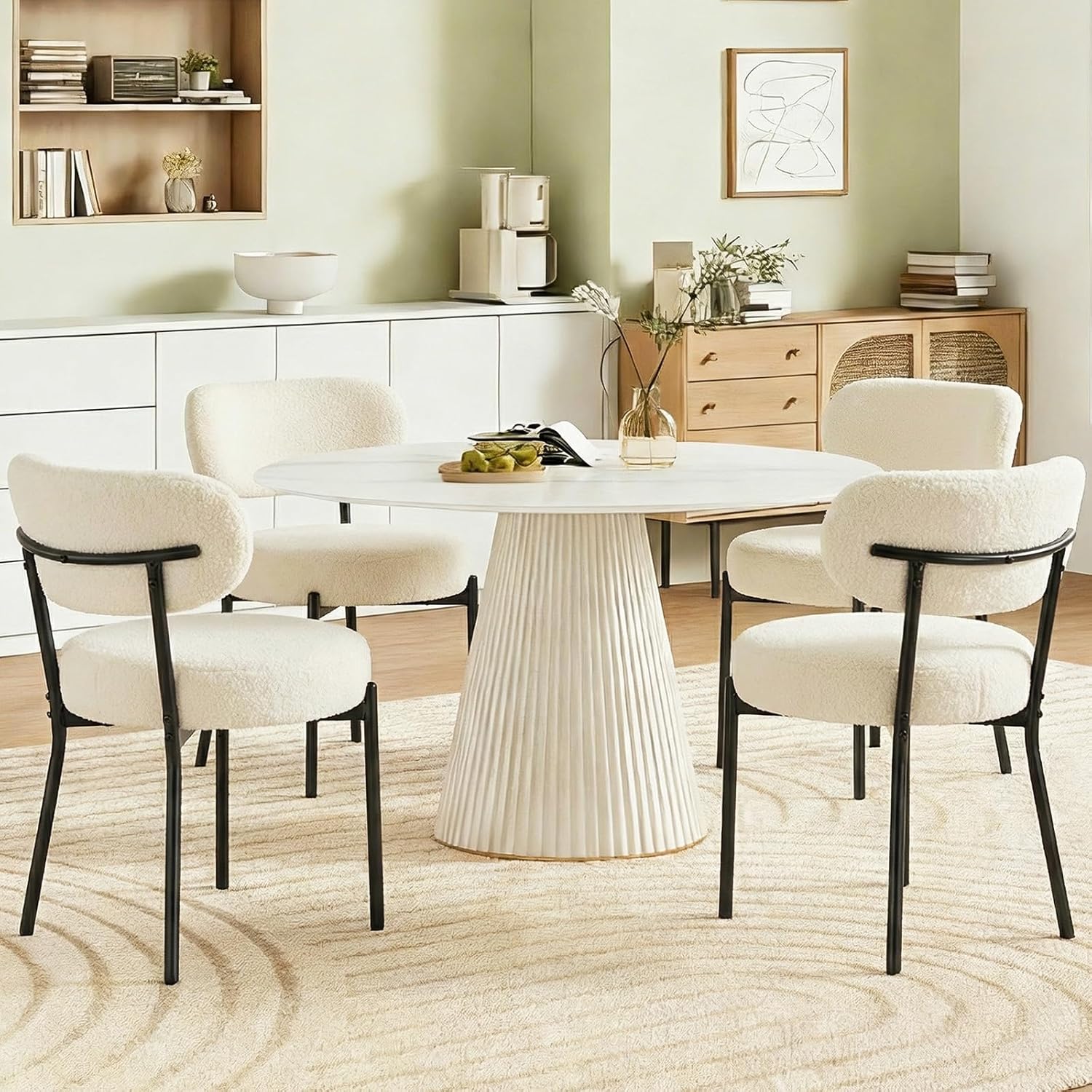 Dining Chairs Set of 2, Mid Century Modern Chair Round Upholstered Curved Backrest, Kitchen Vanity Living Room Chairs with Black Metal Legs??Ivory White
