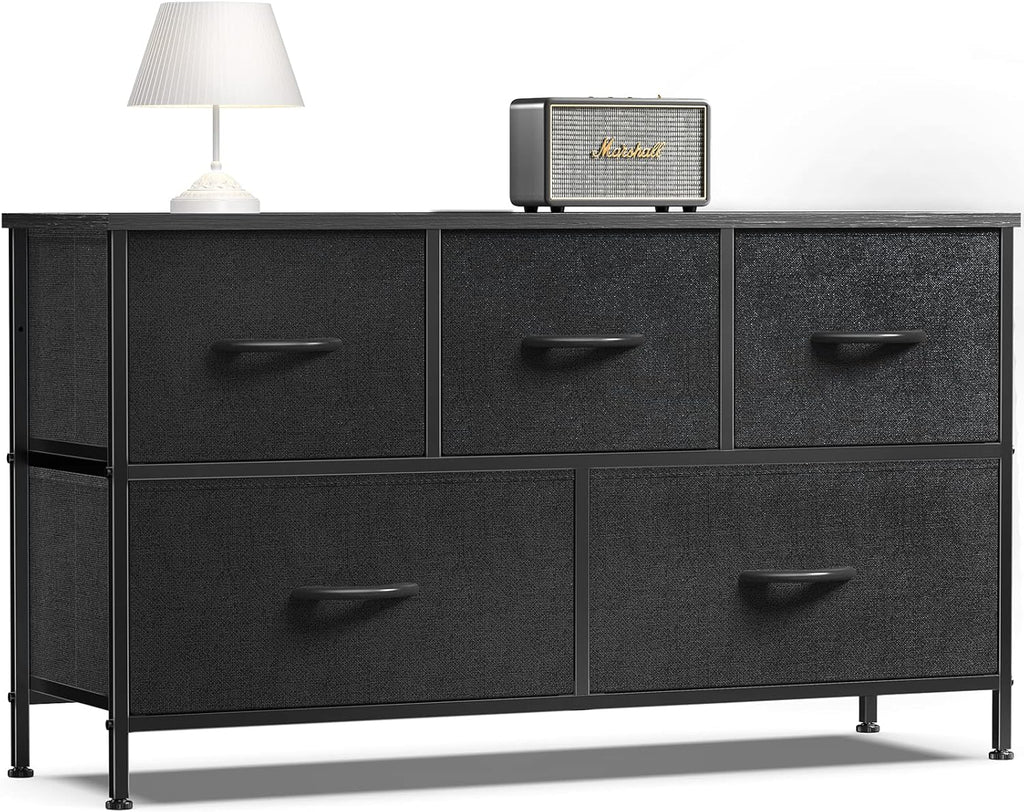 8 Drawer Dresser for Bedroom, Wide Fabric Storage Tower with Wooden Top and Metal Frame, Closet Chest Organizer Furniture, Living Room Hallway, Black