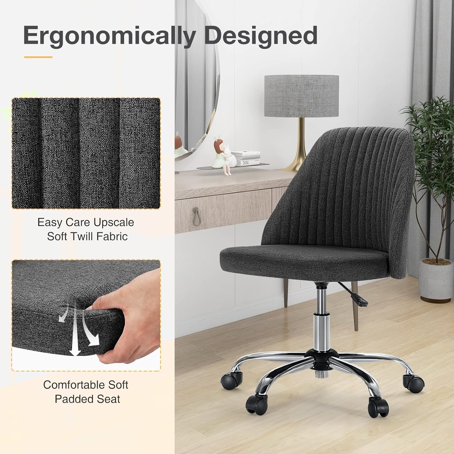 Armless Vanity Chair, Cute Comfy Home Office Desk Chair with Wheels, Modern Upholstered Task Computer Seat for Bedroom, Study, Makeup Vanity, Height Adjustable & Swivel, Drak Gray