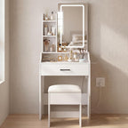 Makeup Vanity Desk, Vanity Table Set with Mirror and Lights, Small Vanity with Storage Bench, Charging Station and Hair Dryer Holder, Dressing Table with Drawer and Three Shelves, White