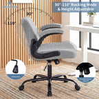 Criss Cross Office Chair with Wheels, Wide Cross Legged Desk Vanity Chair Comfy Fabric Flip-Arms Adjustable Swivel Chairs for Home Computer Bedroom, Grey