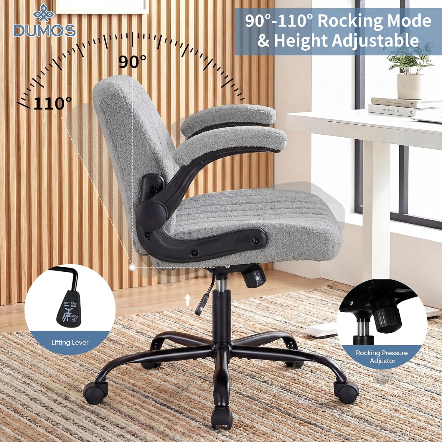 Criss Cross Office Chair with Wheels, Wide Cross Legged Desk Vanity Chair Comfy Fabric Flip-Arms Adjustable Swivel Chairs for Home Computer Bedroom, Grey