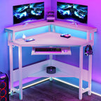 Conner Desk Home Office Computer Desk for Small Space with LED Lights Gaming Table with Storage Shelves Power Outlets Monitor Stand Keyboard Tray for Bedroom, Black