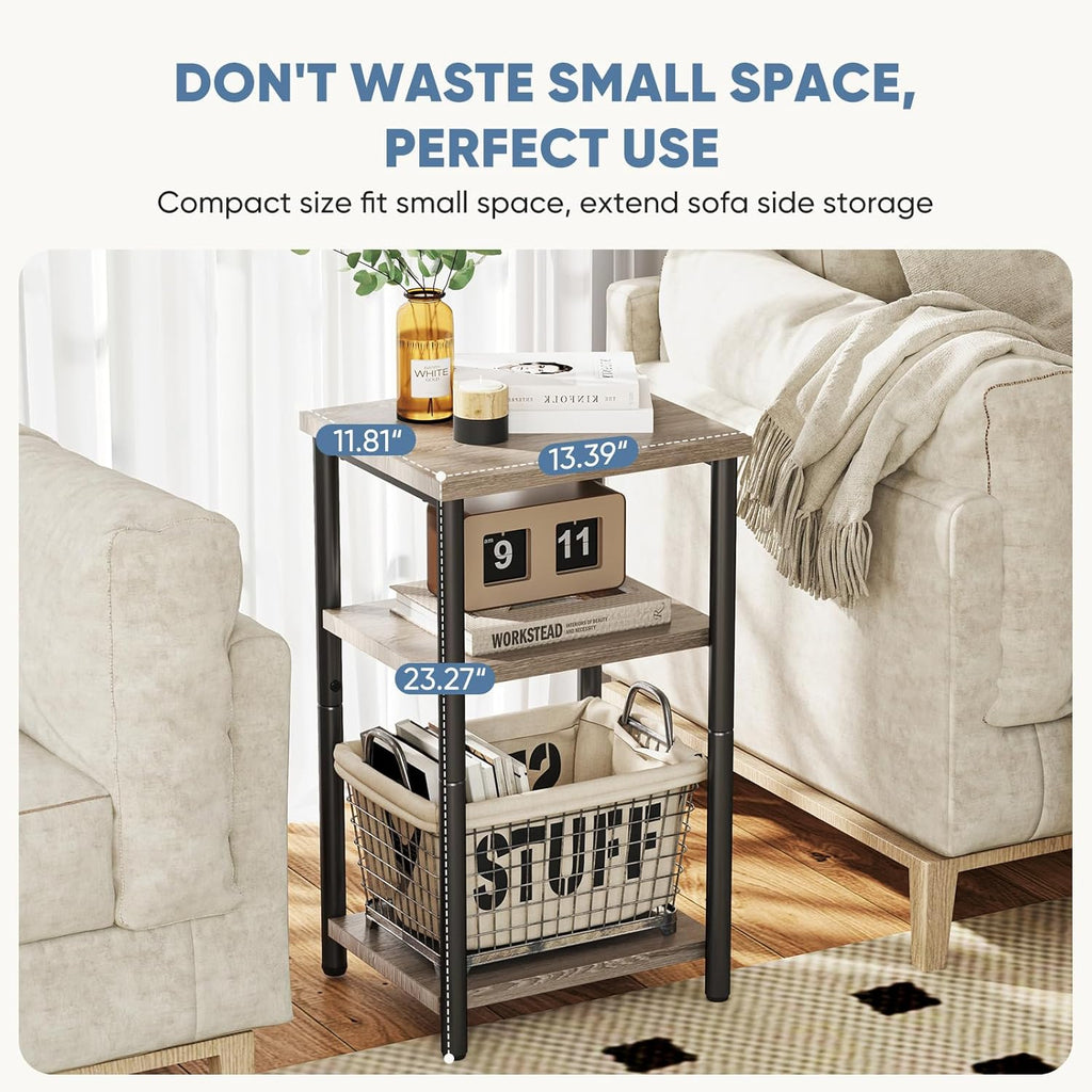 3 Tier End Table for Small Space, Side Sofa Tables Storage Shelf, Nightstand with Adjustable Feet for Living Room, Bedroom, Office, Set of 2, Oak Grey