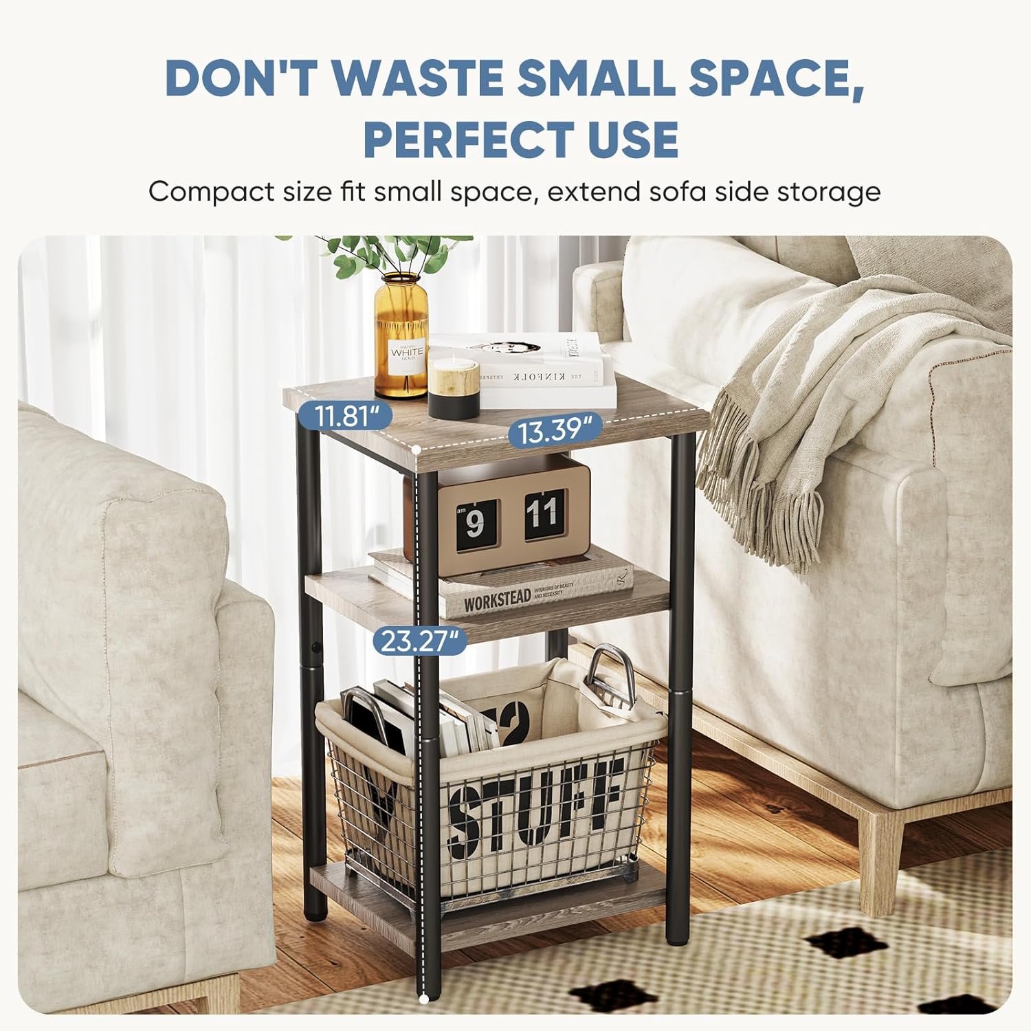 3 Tier End Table for Small Space, Side Sofa Tables Storage Shelf, Nightstand with Adjustable Feet for Living Room, Bedroom, Office, Set of 2, Oak Grey