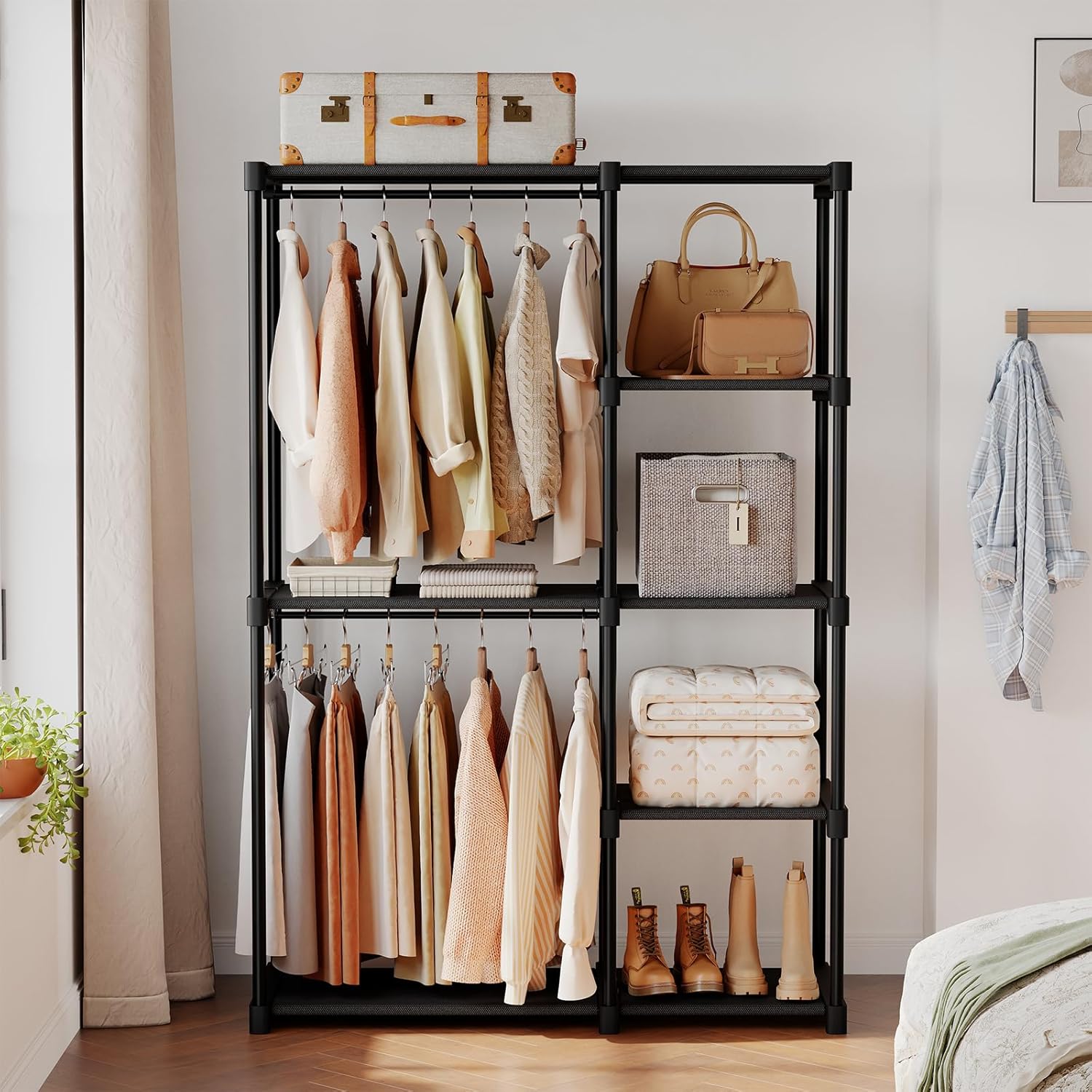 Portable Wardrobe Closet with Hanging Rods, 49 Inch Portable Clothing Rack with Shelves, Heavy Duty Clothes Rack, Freestanding Closet Organizer, 49 L x 15.7 W x 71.65 H