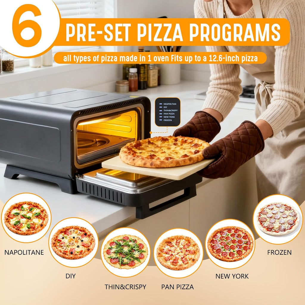 Pizza Oven Indoor, 1600W Electric Pizza Oven Fast Heating, 6 Presets Pizza Maker for 12 Inches, with Pizza Stone & Spatula, Upper-Bottom Independent Heating Temperature Control