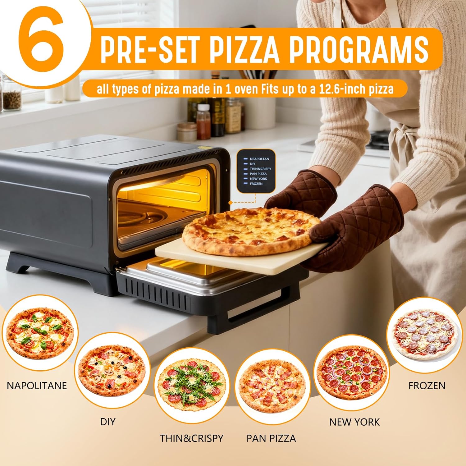 Pizza Oven Indoor, 1600W Electric Pizza Oven Fast Heating, 6 Presets Pizza Maker for 12 Inches, with Pizza Stone & Spatula, Upper-Bottom Independent Heating Temperature Control