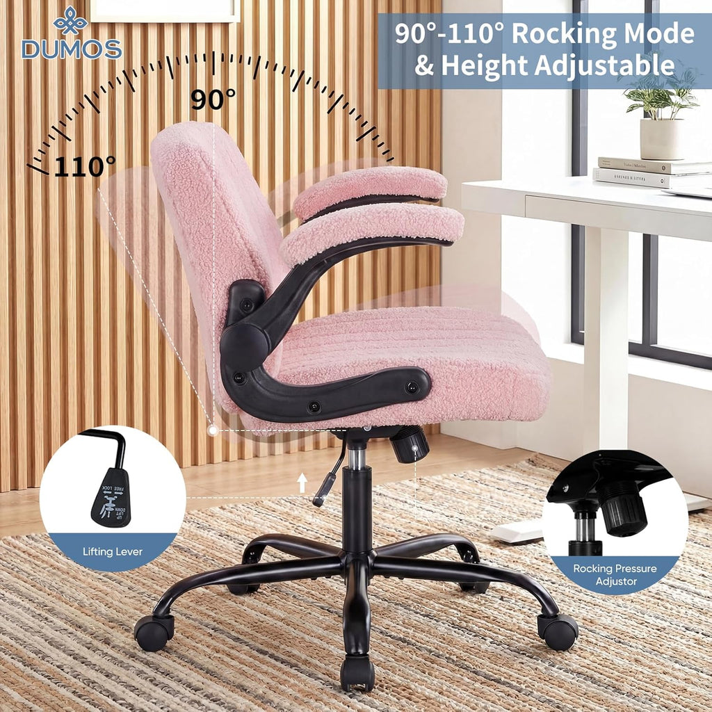 Criss Cross Office Chair with Wheels, Wide Cross Legged Desk Vanity Chair Comfy Fabric Flip-Arms Adjustable Swivel Chairs for Home Computer Bedroom, Teddy Pink
