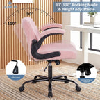 Criss Cross Office Chair with Wheels, Wide Cross Legged Desk Vanity Chair Comfy Fabric Flip-Arms Adjustable Swivel Chairs for Home Computer Bedroom, Teddy Pink