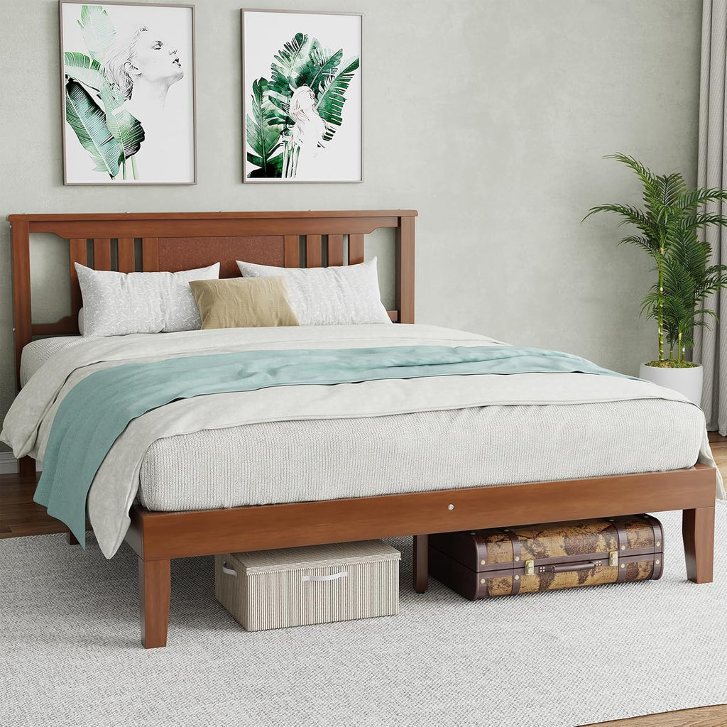 Twin Size Wood Bed Frame with Headboard, Solid Natural Wooden Platform Bed Base, Heavy Duty Slat Support Mattress Foundation, No Box Spring Needed, Low-Profile Design