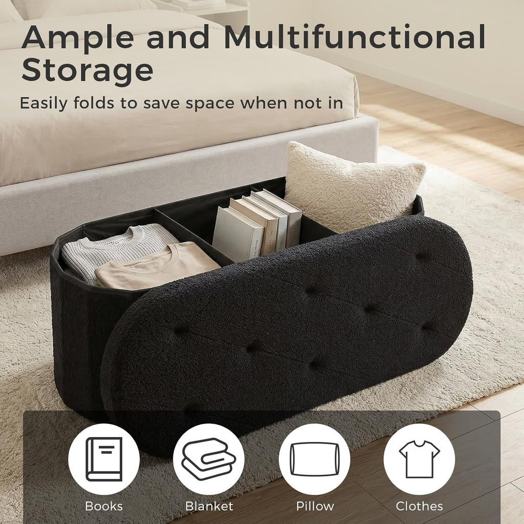43 inches Folding Storage Ottoman Bench, Oval Round Ottoman End of Bed Foot Rest Bench Stool with Cushion, Storage Chest for Bedroom, Living Room, Entryway, Black