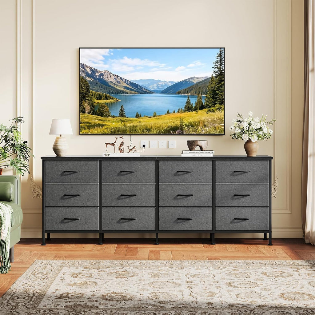 TV Stand for Bedroom with Storage TV Stands for Living Room Rustic, 12 Drawer Dresser Farmhouse Entertainment Center for up to 80 Inch TVs, Media Console Table with Metal Frame Adjustable Feet