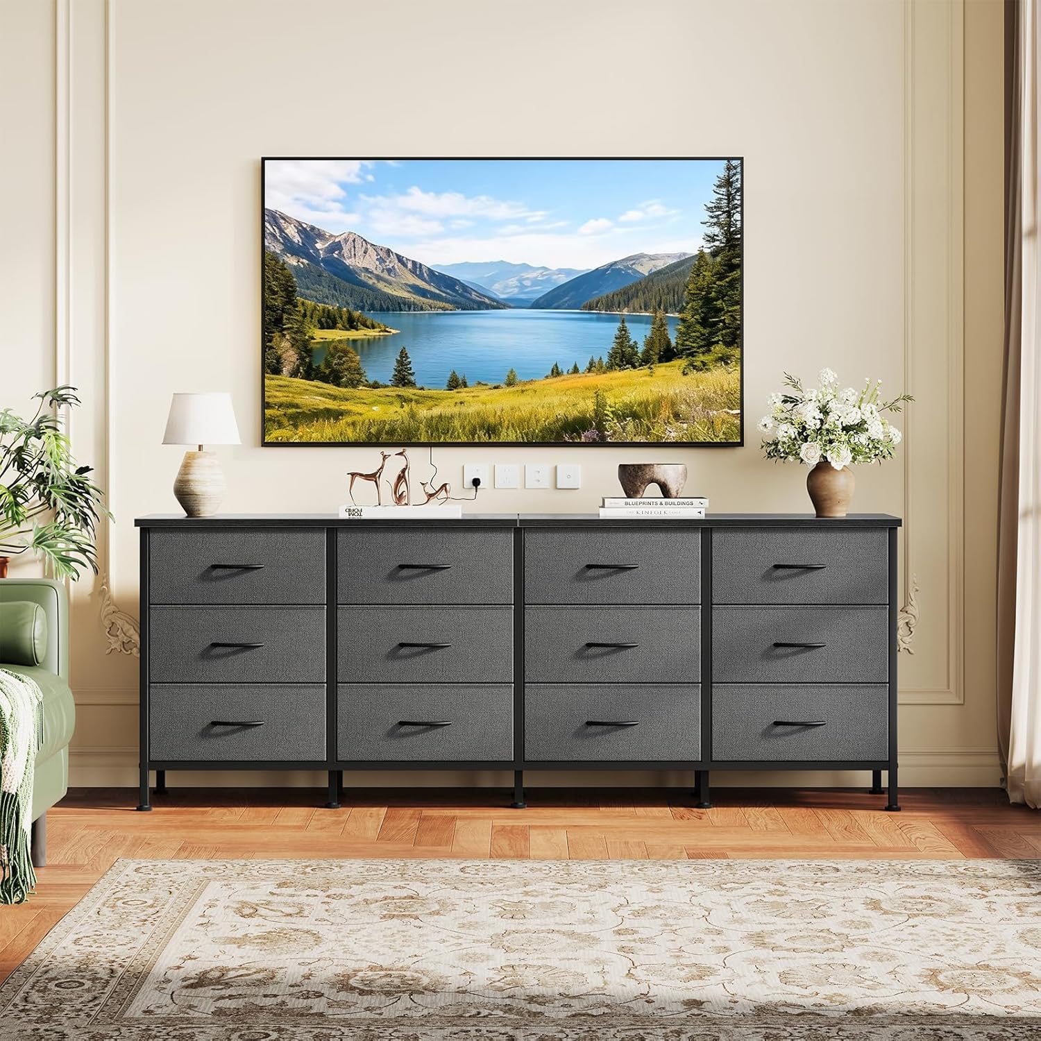 TV Stand for Bedroom with Storage TV Stands for Living Room Rustic, 12 Drawer Dresser Farmhouse Entertainment Center for up to 80 Inch TVs, Media Console Table with Metal Frame Adjustable Feet
