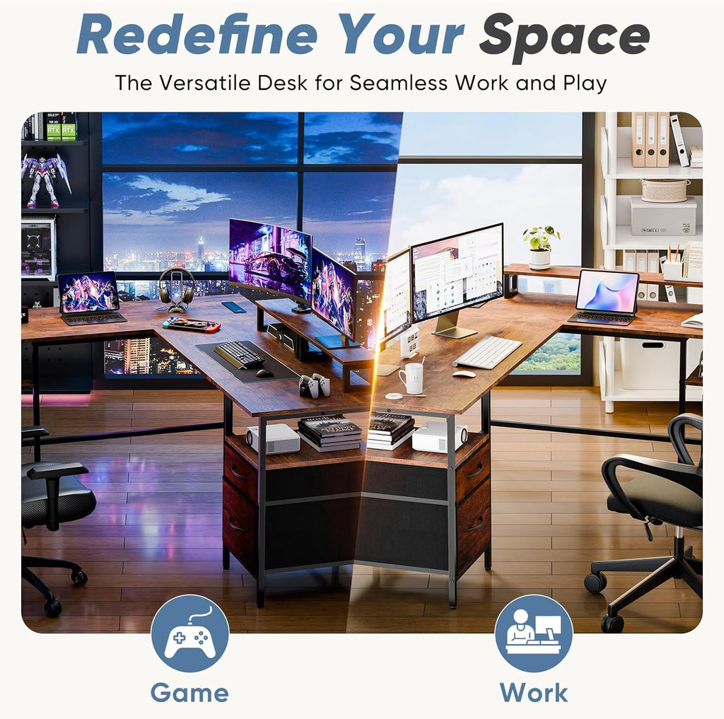 L Shaped Gaming Desk with Charging Station & 2 Monitor Stands, Computer Desk with Drawer & Adjustable Storage Shelves, Large Corner Desk for Home Office, 62 Inch Rust Wood