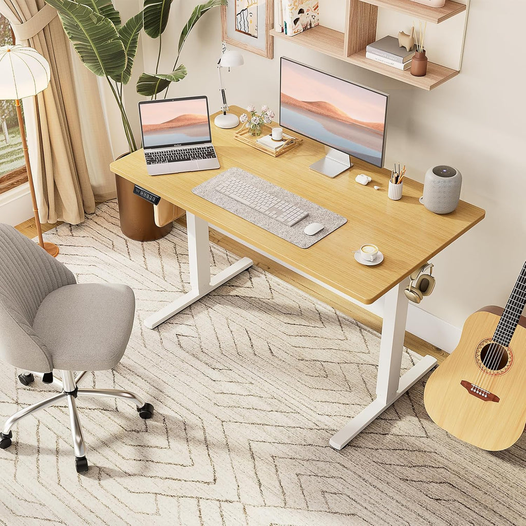 Electric Standing Desk Adjustable Height, 40x24 Inch Sit Stand Up Home Office Desks Memory Computer Workstation PC Work Table with Preset Splice Wood Board Metal Frame, Oak