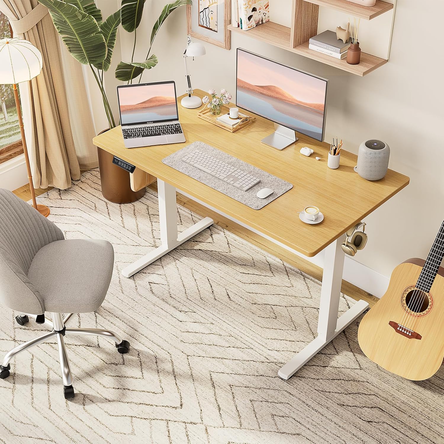 Electric Standing Desk Adjustable Height, 40x24 Inch Sit Stand Up Home Office Desks Memory Computer Workstation PC Work Table with Preset Splice Wood Board Metal Frame, Oak