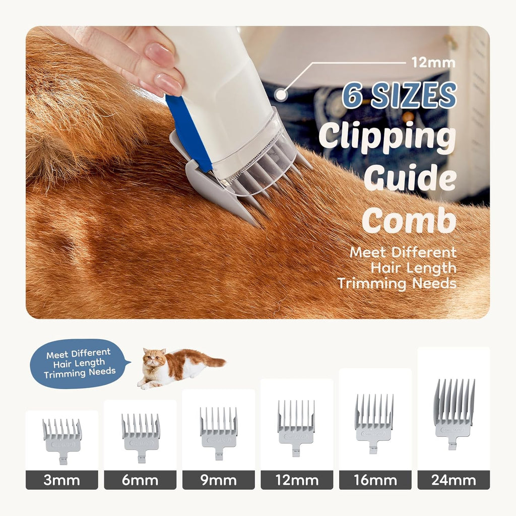 Pet Grooming Vacuum Kit 2.5L, 3 Adjustable Suction Modes Pet Clipper, 5 Professional Grooming Tools with Cordless Low Noise Dog & Cat Hair Clippers, Blue & White