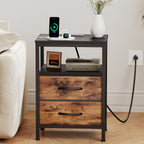 Nightstands Set of 2 with Charging Station, Bedside Table with USB Ports & Type-C, 2 Fabric Drawers Night Stand with Open Shelf, Compact End Table for Bedroom, Rustic Brown