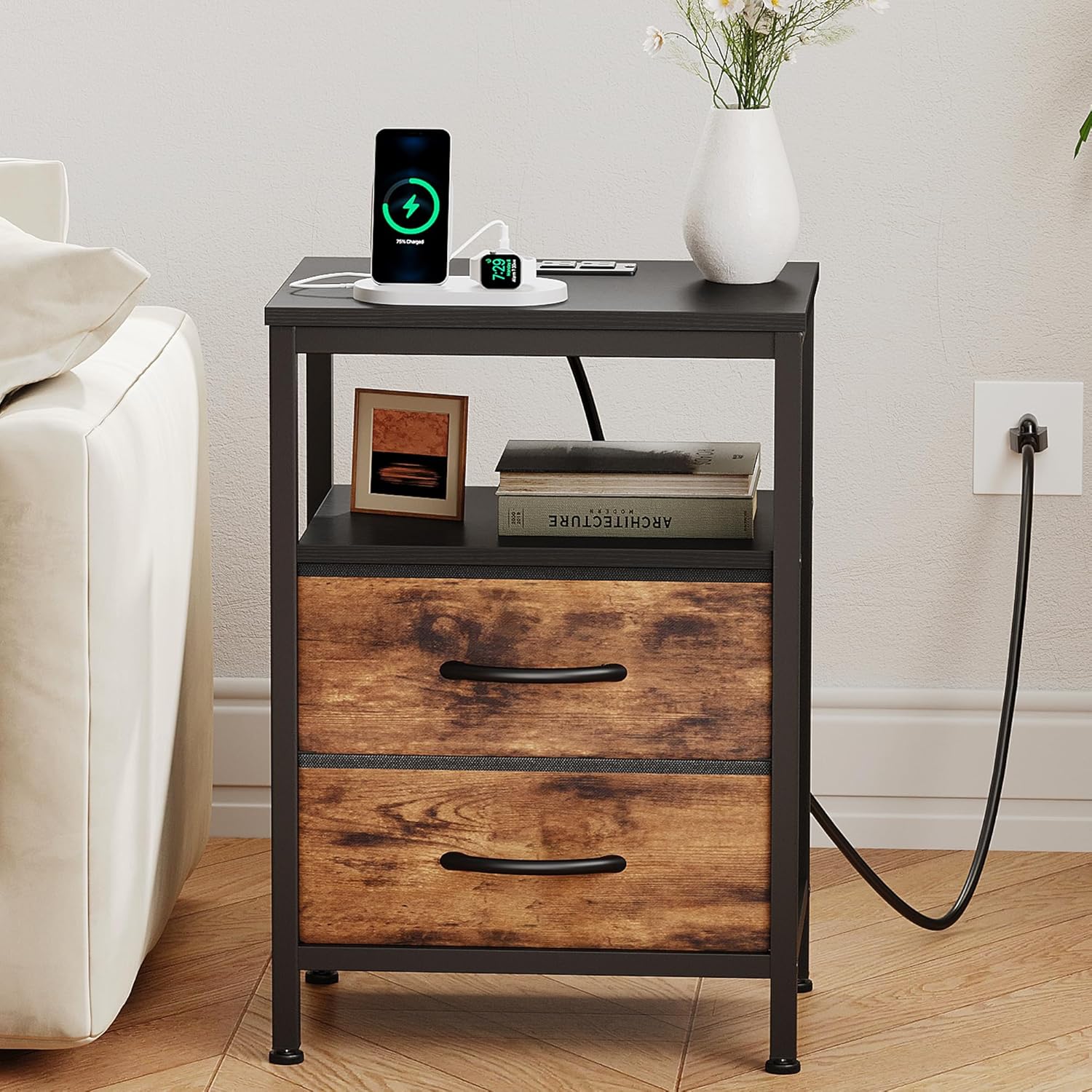 Nightstands Set of 2 with Charging Station, Bedside Table with USB Ports & Type-C, 2 Fabric Drawers Night Stand with Open Shelf, Compact End Table for Bedroom, Rustic Brown