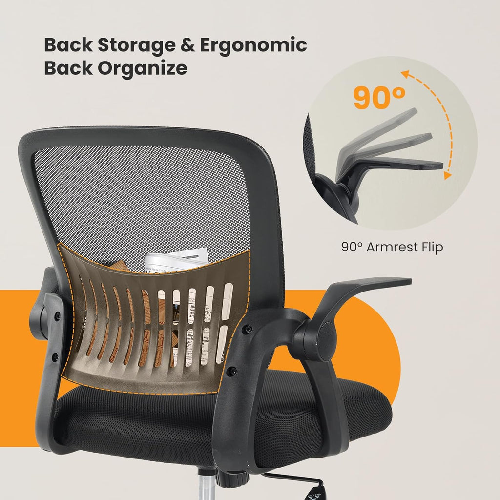 Home Office Managerial Executive Chair, Flip Up Armrest Ergonomic Mesh Adjustable Swivel Mid-Back Computer Desk Chair with Comfortable Lumbar Support, Comfy Arms for Bedroom,Study