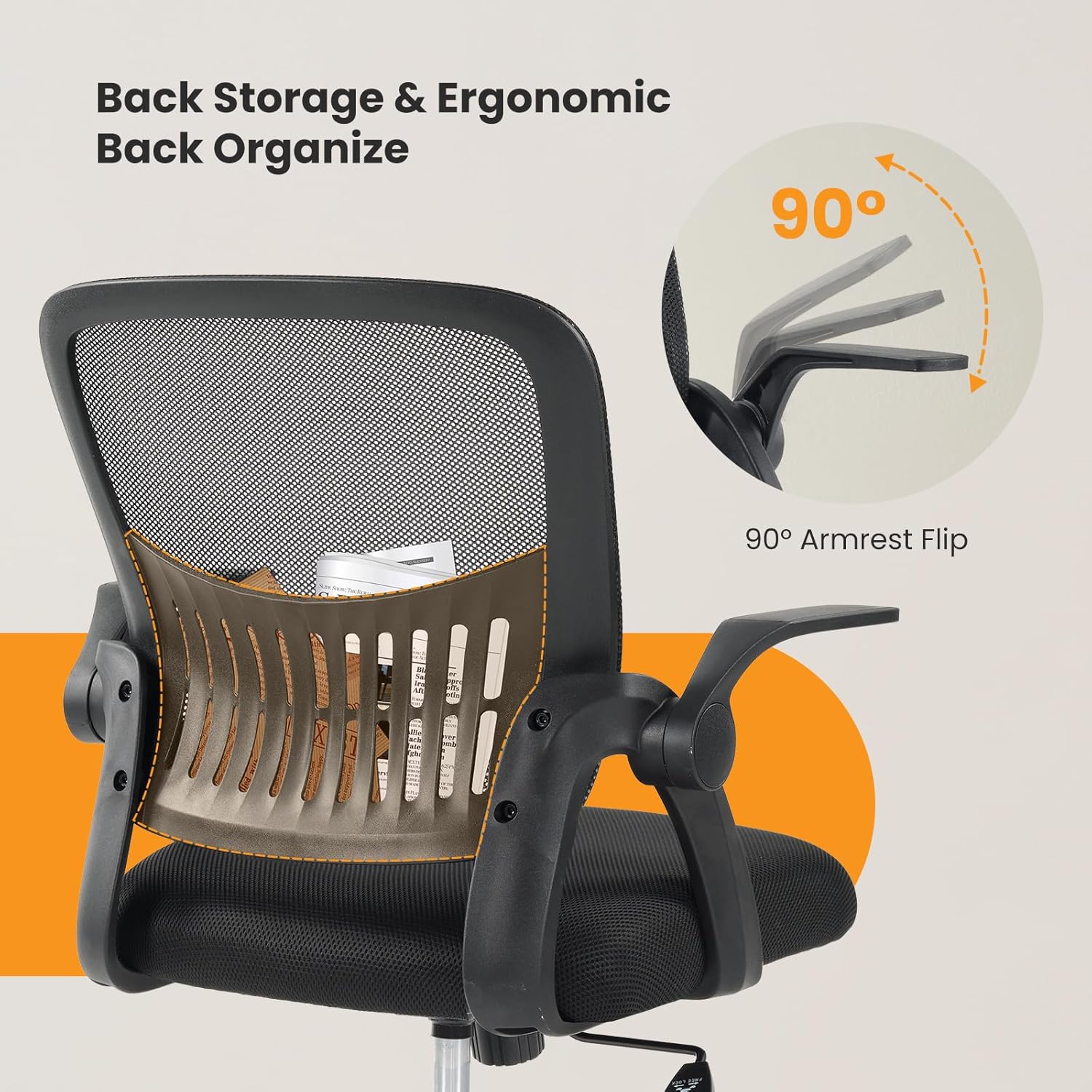 Home Office Managerial Executive Chair, Flip Up Armrest Ergonomic Mesh Adjustable Swivel Mid-Back Computer Desk Chair with Comfortable Lumbar Support, Comfy Arms for Bedroom,Study